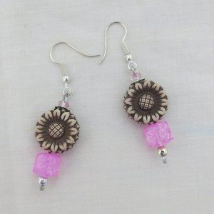 New Hand Crafted Pink Sunflower Dangle Earrings
